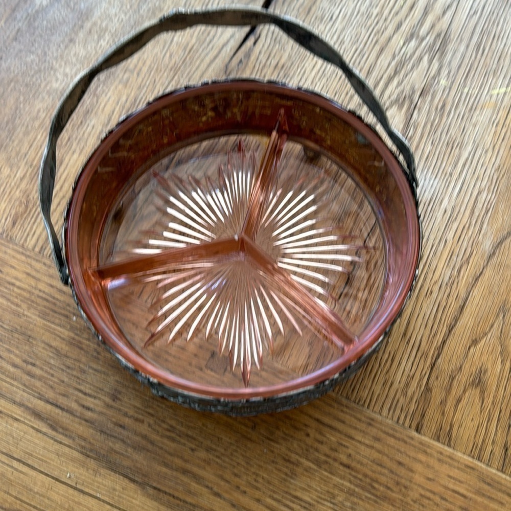 Vintage Pink Starburst Depression Divided Candy Dish In Chrome Caddy Farberware